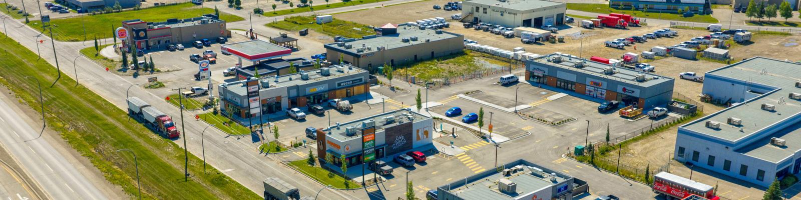 An aerial view of a commercial development.