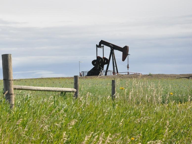 A pumpjack in a farmer's field.